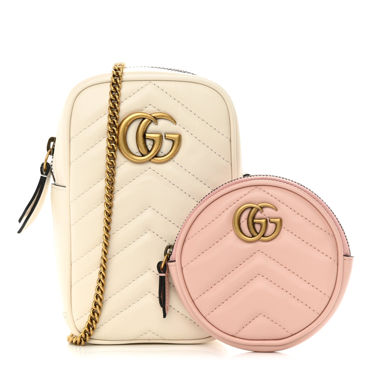 Gucci Calfskin Matelasse GG Marmont Mini Bag Coin Purse Mystic White Perfect Pink 1 of 13