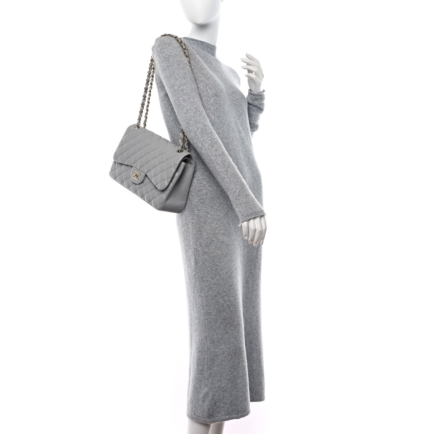 Caviar Quilted Jumbo Double Flap Grey