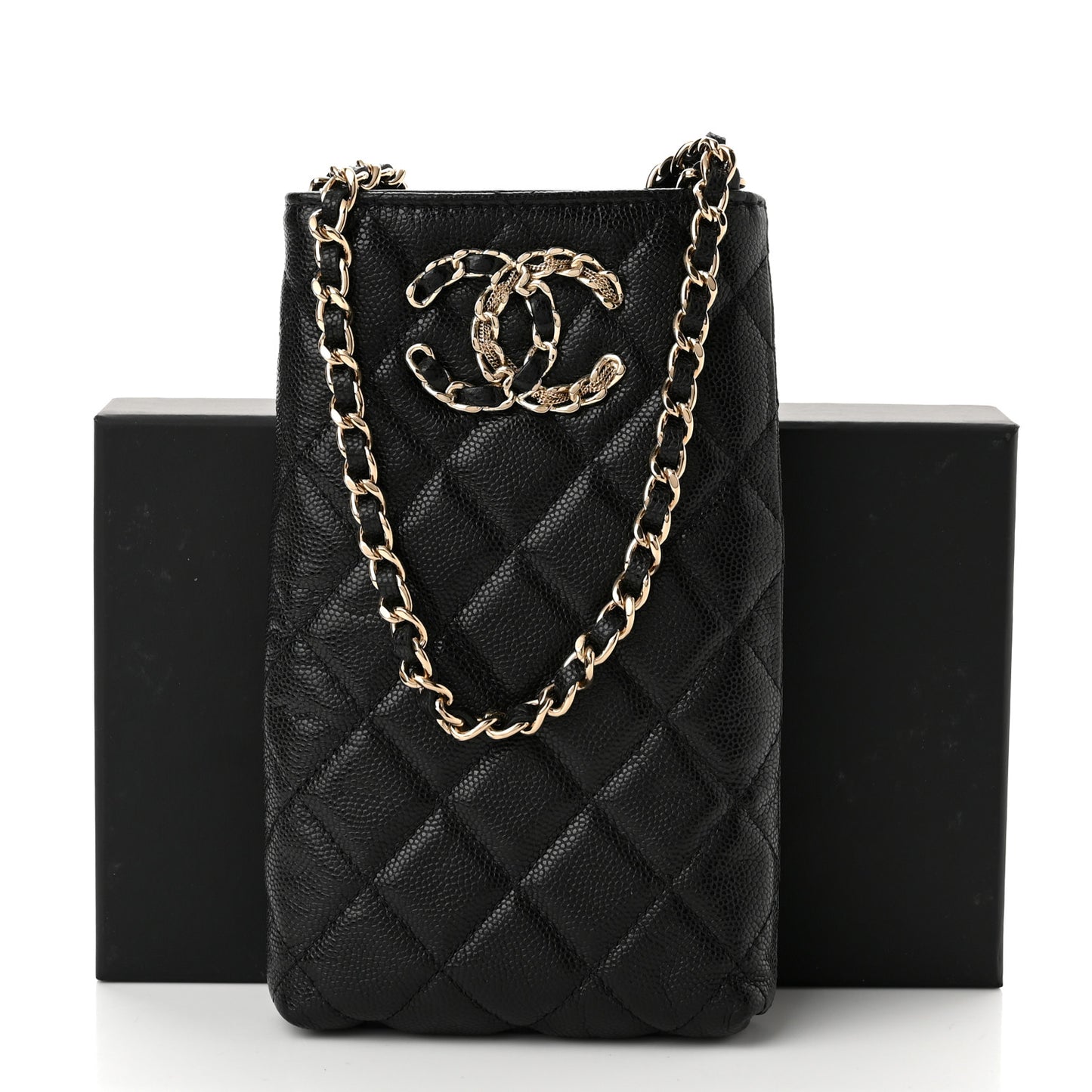Caviar Quilted French New Wave Phone Holder With Chain Black