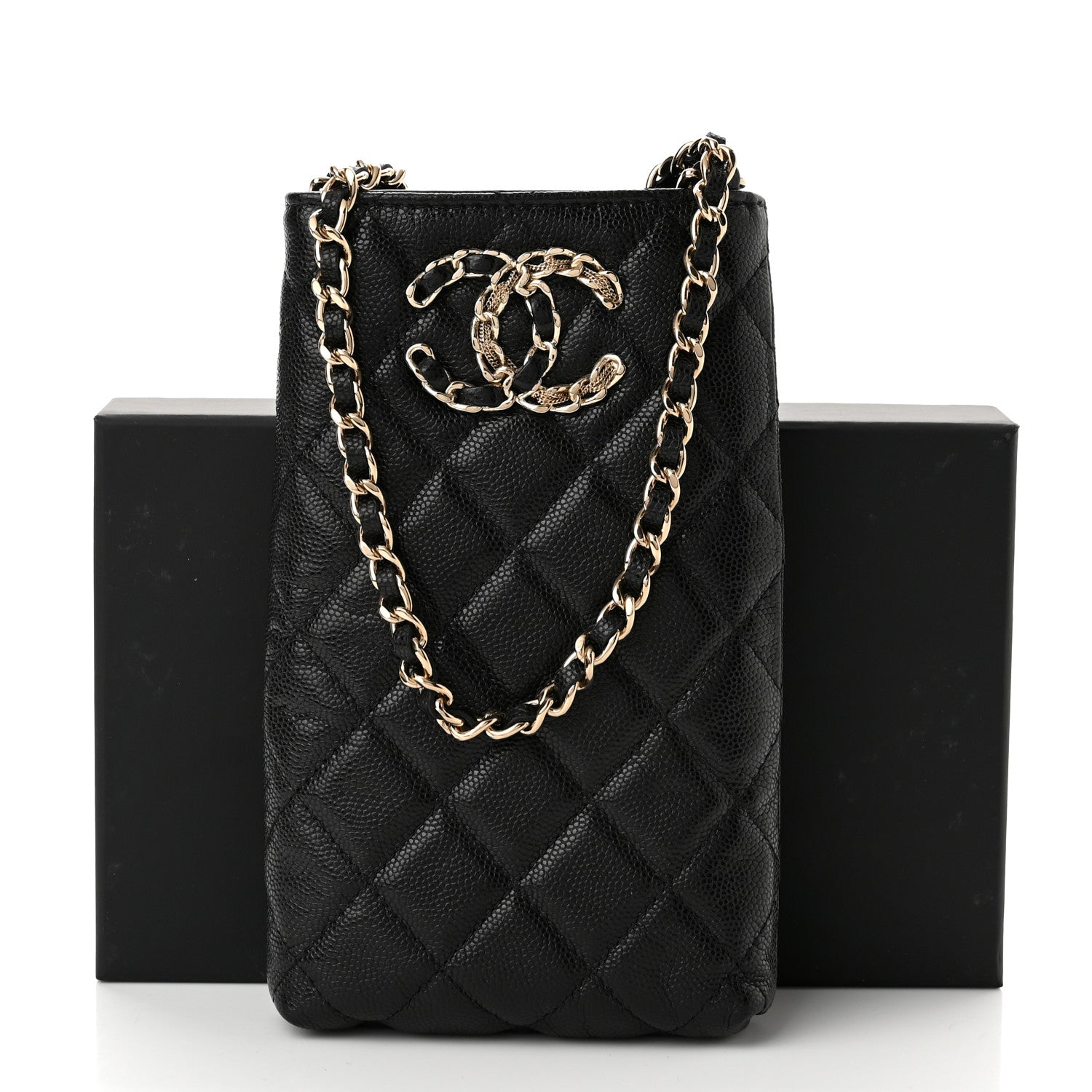 Chanel Caviar Quilted French New Wave Phone Holder With Chain Black 12 of 12