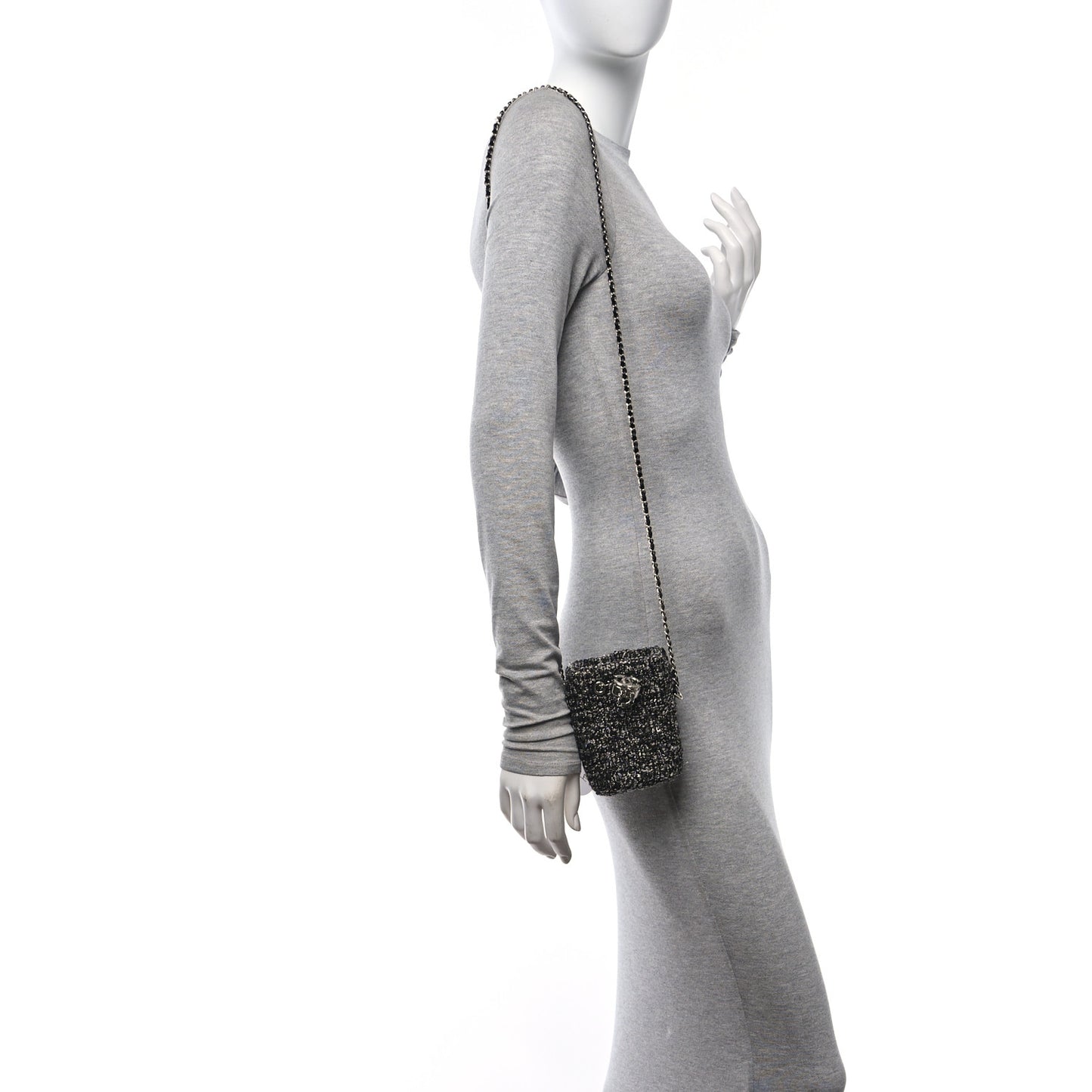Tweed Mini Bucket Drawstring Bag Black Silver