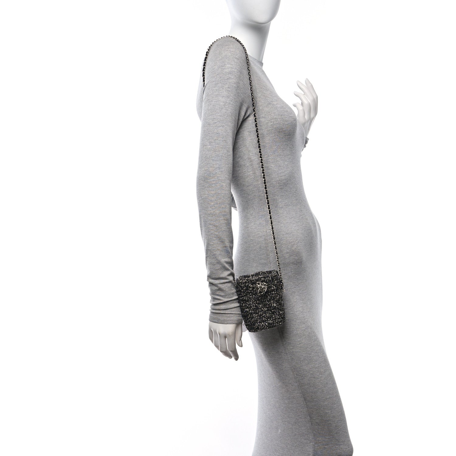 Chanel Tweed Mini Bucket Drawstring Bag Black Silver 2 of 10