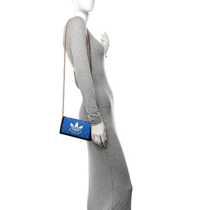 Gucci X ADIDAS Monogram Textured Dollar Calfskin Trefoil Embossed Wallet On Chain Blue 2 of 11