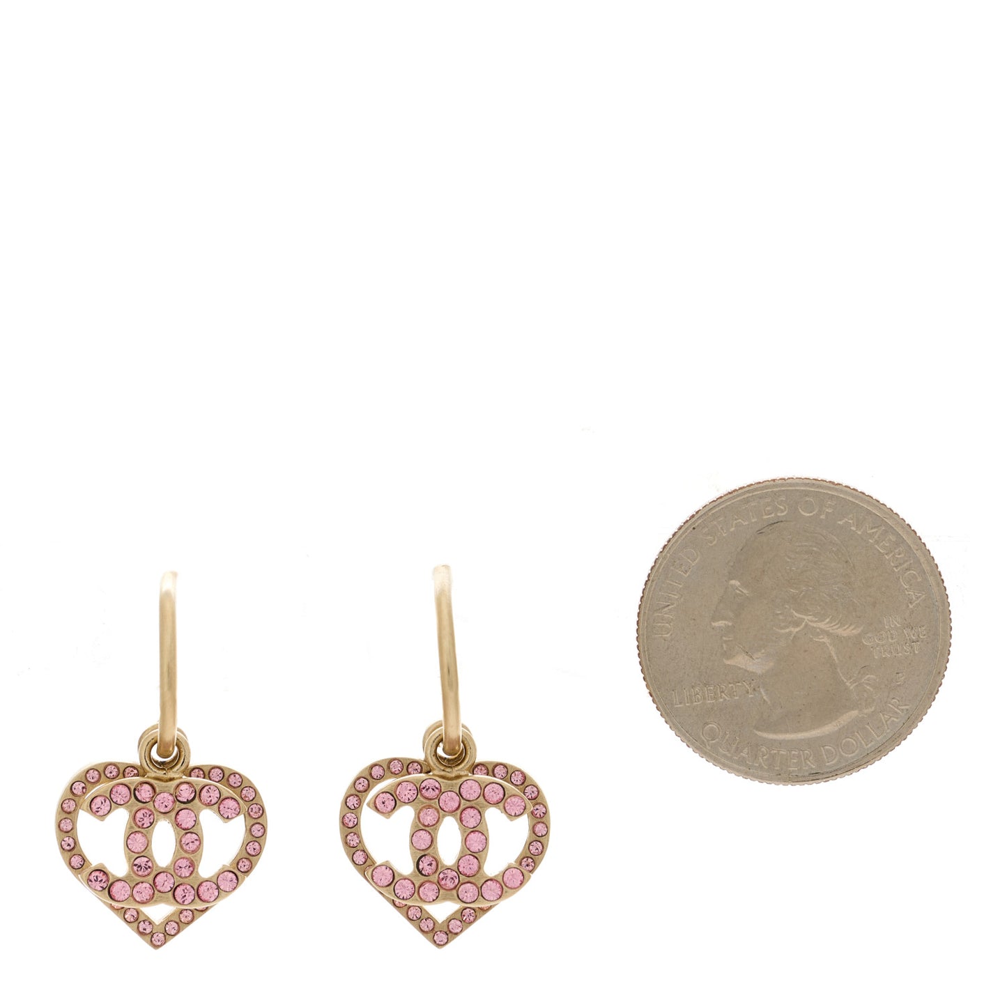 Metal Crystal Heart CC Drop Earrings Pink Gold
