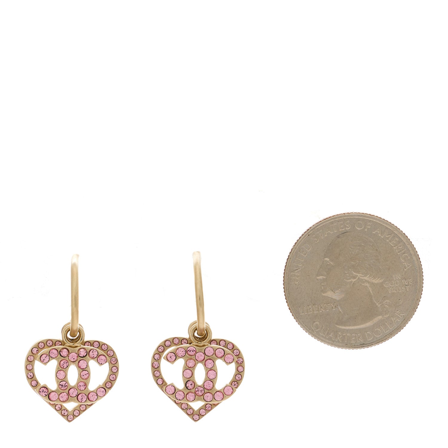 Chanel Metal Crystal Heart CC Drop Earrings Pink Gold 2 of 4