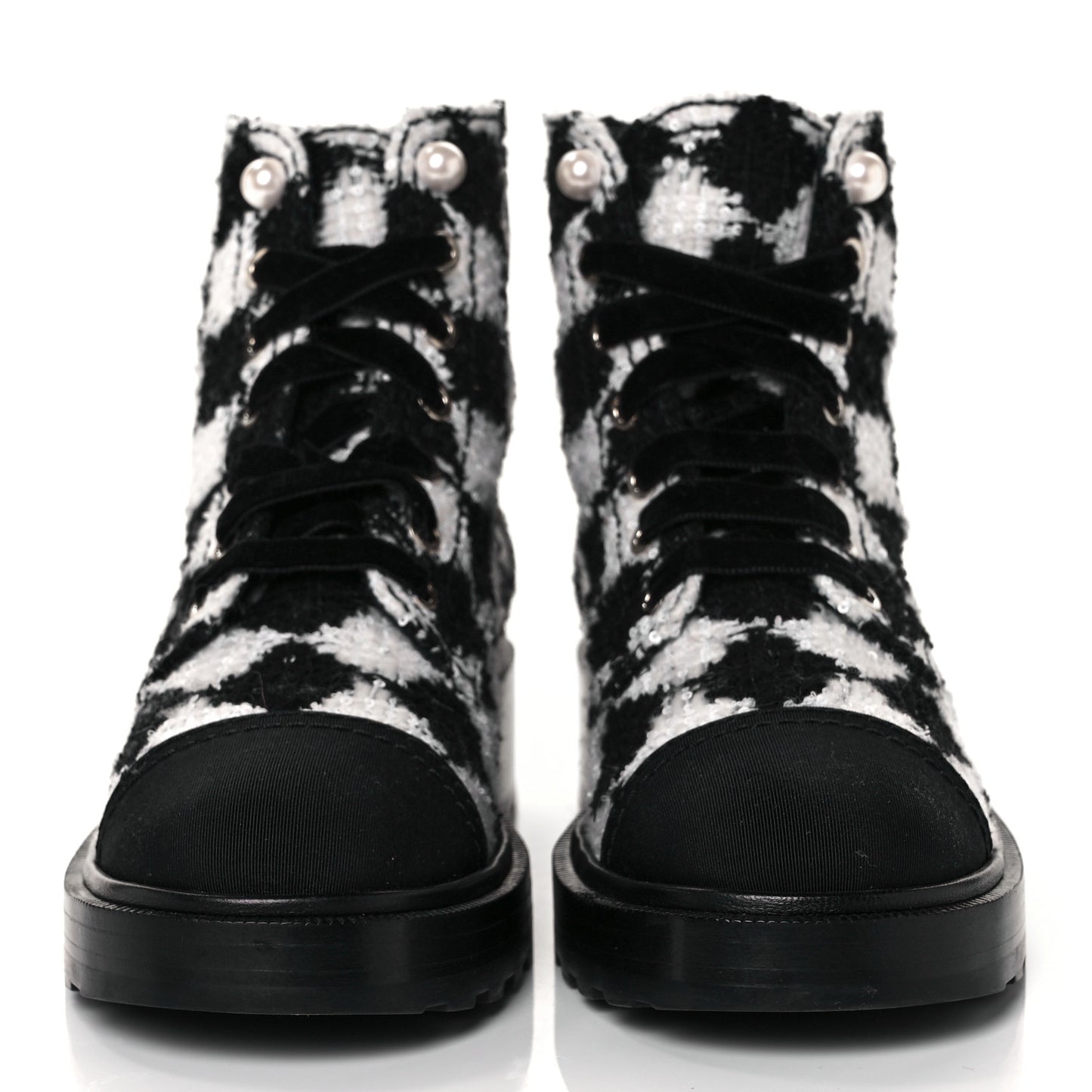 Tweed Grosgrain Pearl Combat Short Boots 38.5 White Black