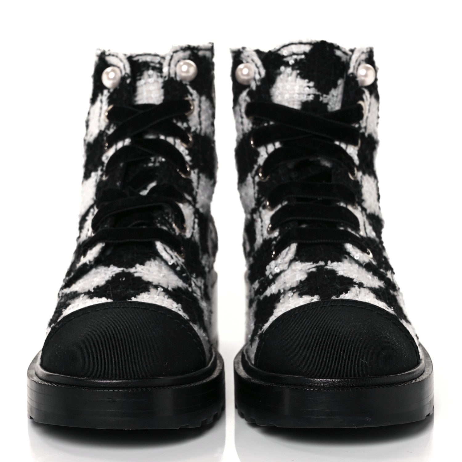 Chanel Tweed Grosgrain Pearl Combat Short Boots 38.5 White Black 2 of 7
