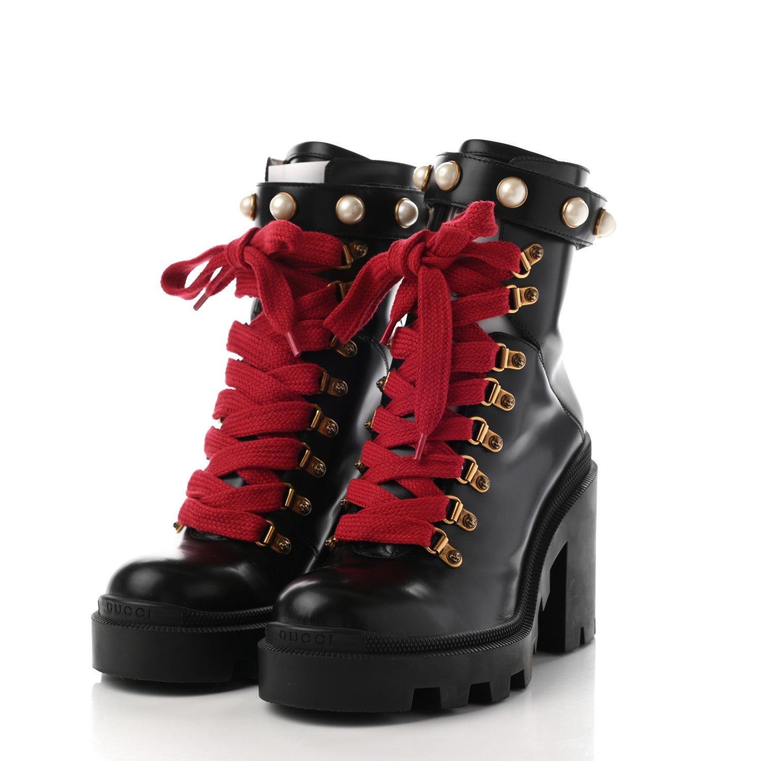 Gucci Magnum Calfskin Pearl Lace Up Combat Ankle Boots 38 Black 3 of 13