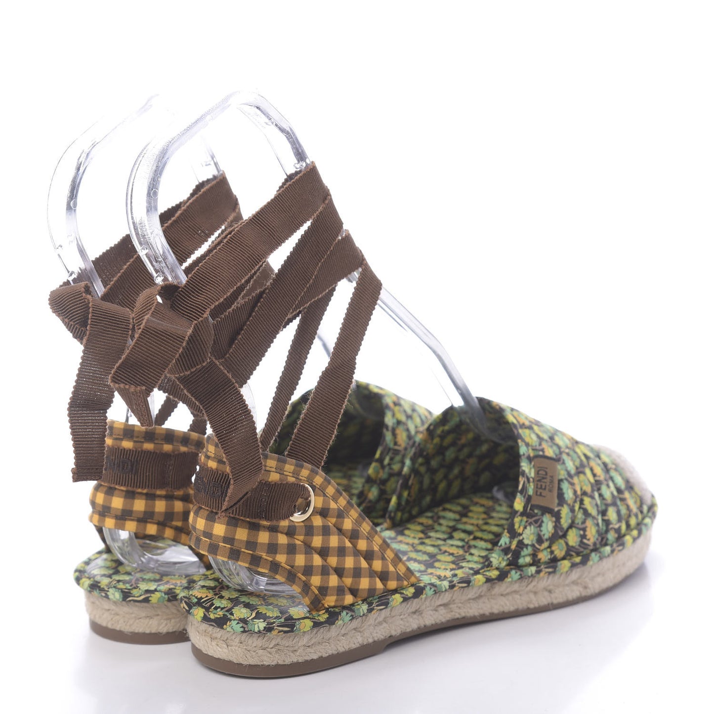 Canvas Quilted Floral Print Gingham Ankle Wrap Flat Espadrilles 37 Multicolor