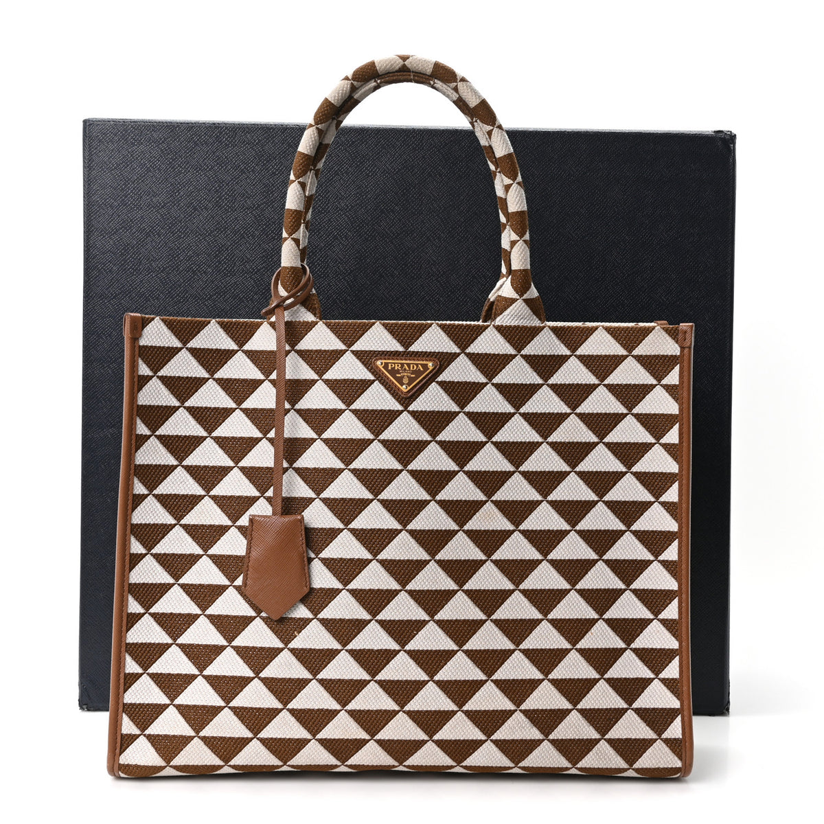 Prada Jacquard Saffiano Triangolo Symbole Embroidered Large Tote Tobacco Talco 11 of 11