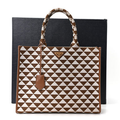Prada Jacquard Saffiano Triangolo Symbole Embroidered Large Tote Tobacco Talco 11 of 11