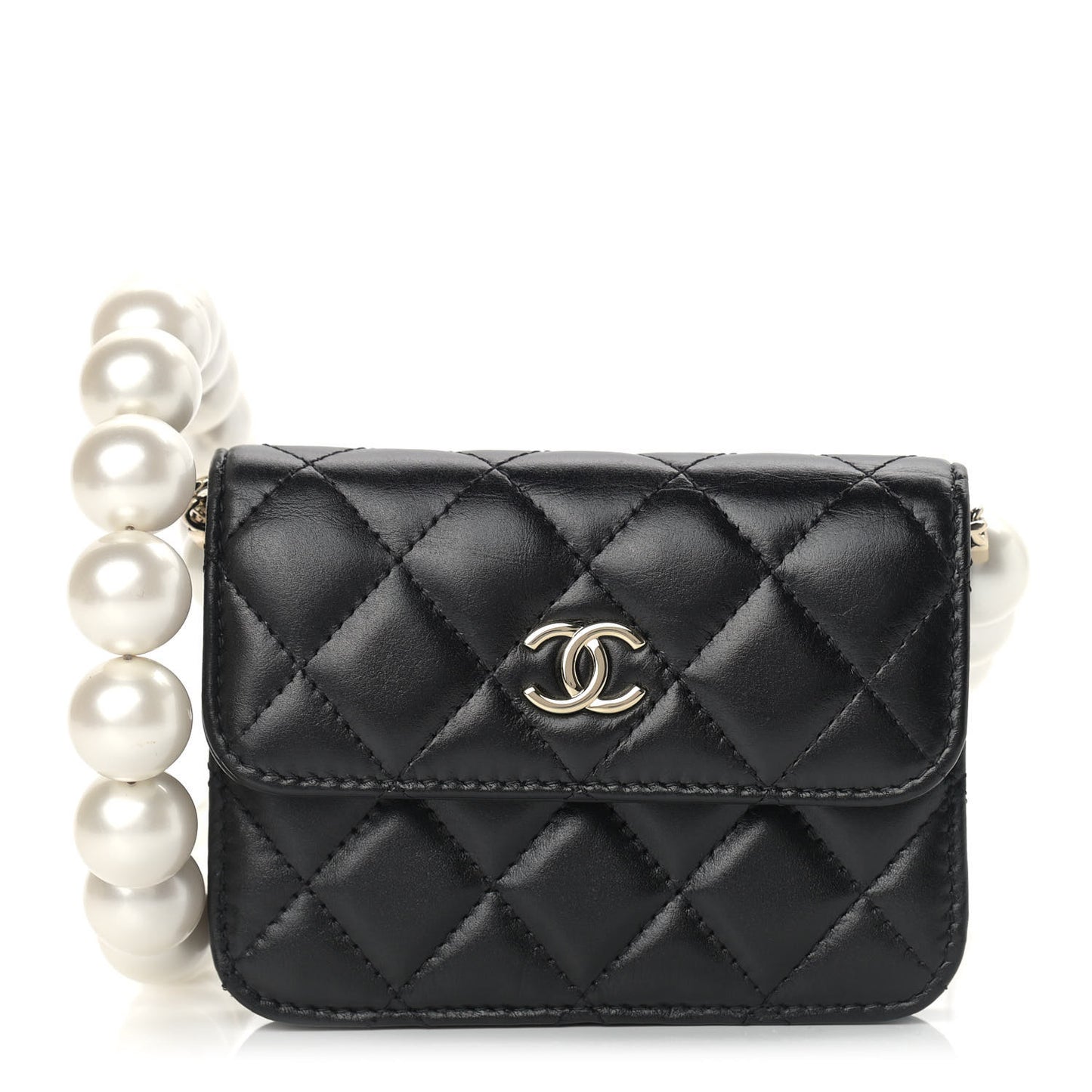 Calfskin Quilted Maxi Pearls Card Holder Flap With Chain Black