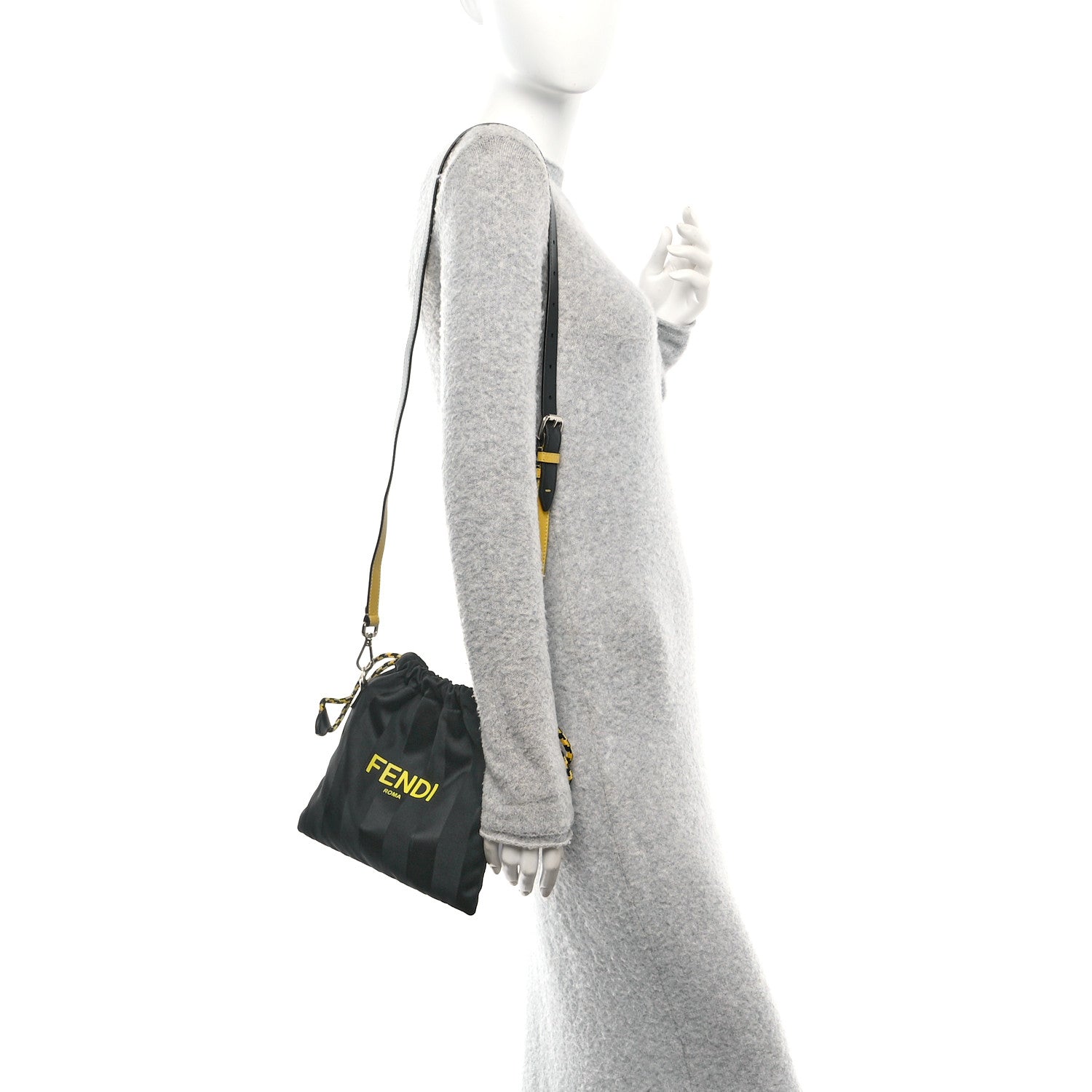Fendi Recycled Nylon Vitello Grace Light Pequin Small Saint Fendi Roma Drawstring Pouch Black Sunflower 2 of 11