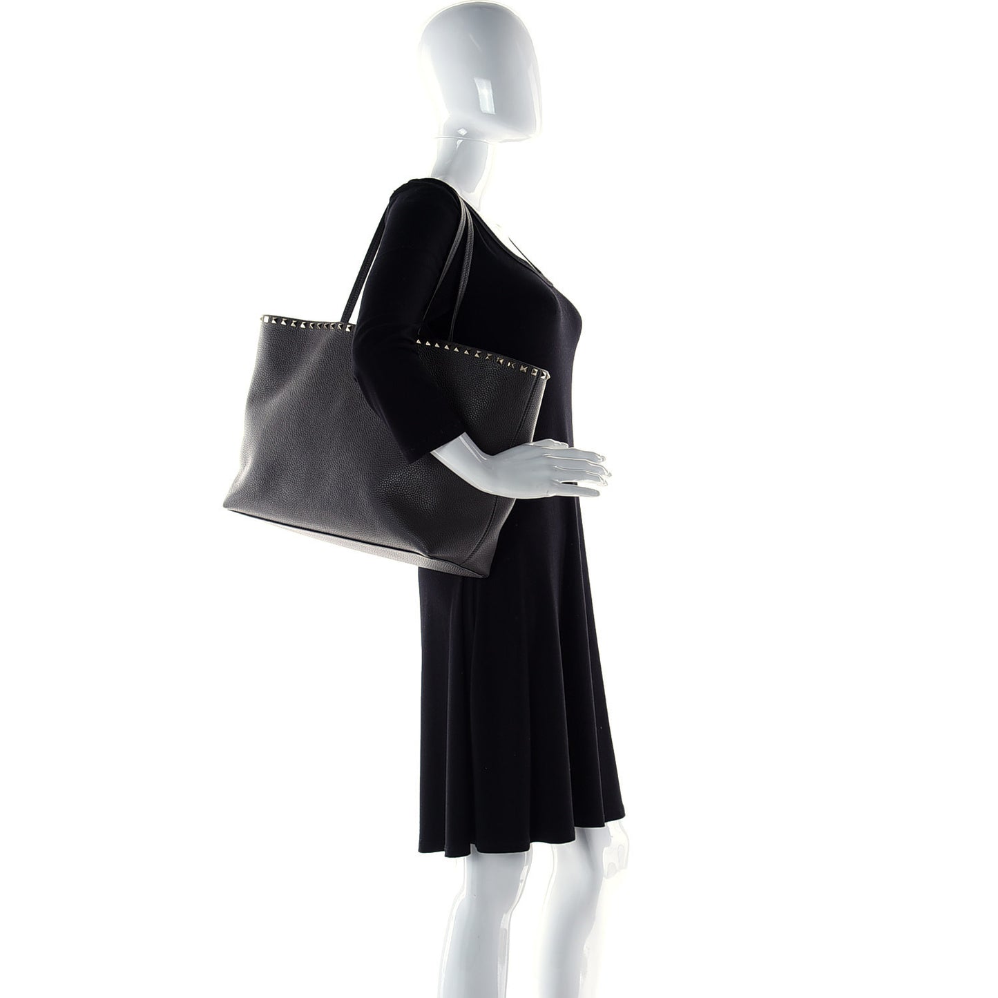 Grained Calfskin Rockstud Shoulder Tote Graphite