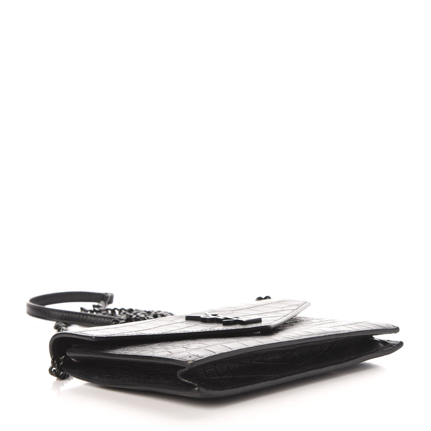 Calfskin Crocodile Embossed Monogram Envelope Chain Wallet Black