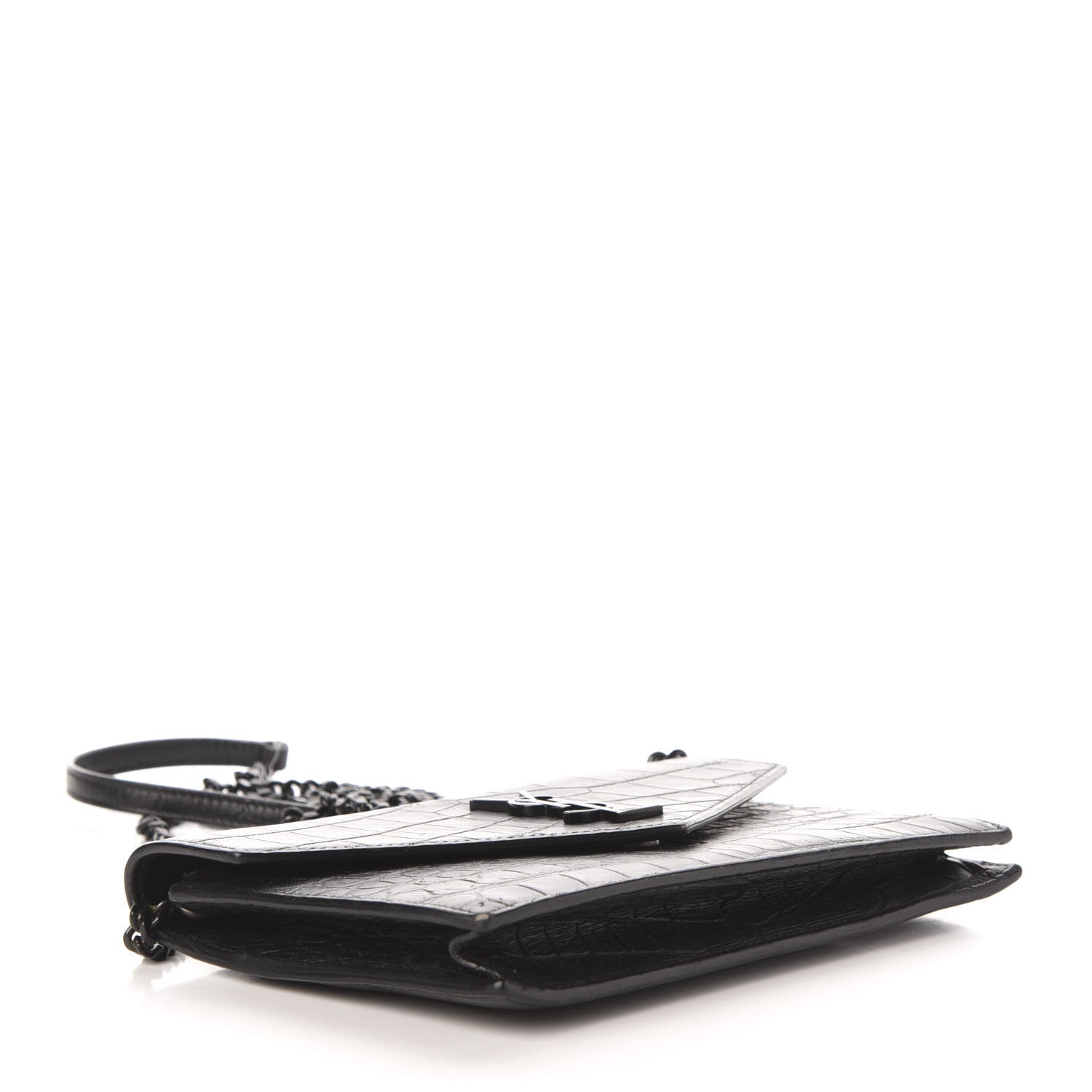 Saint Laurent Calfskin Crocodile Embossed Monogram Envelope Chain Wallet Black 4 of 12