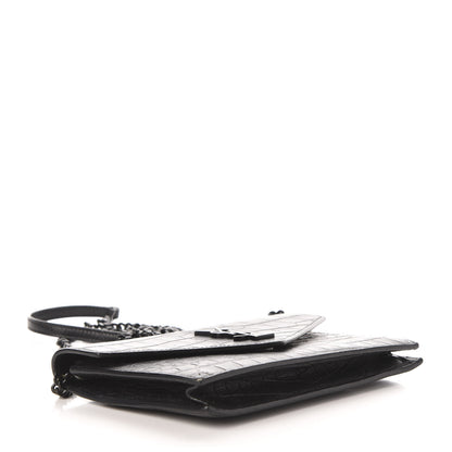 Saint Laurent Calfskin Crocodile Embossed Monogram Envelope Chain Wallet Black 4 of 12