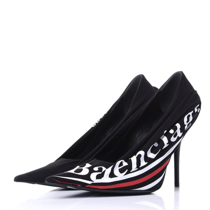 Balenciaga Jersey Crepe Political Campaign Logo Knife 115 Pointed Pumps 38 Black White Rouge 3 of 11