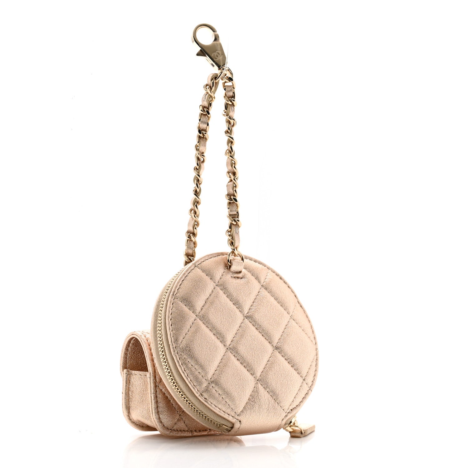 Chanel Metallic Lambskin Quilted Round Clip On Coin Purse Airpods Case Gold 3 of 10