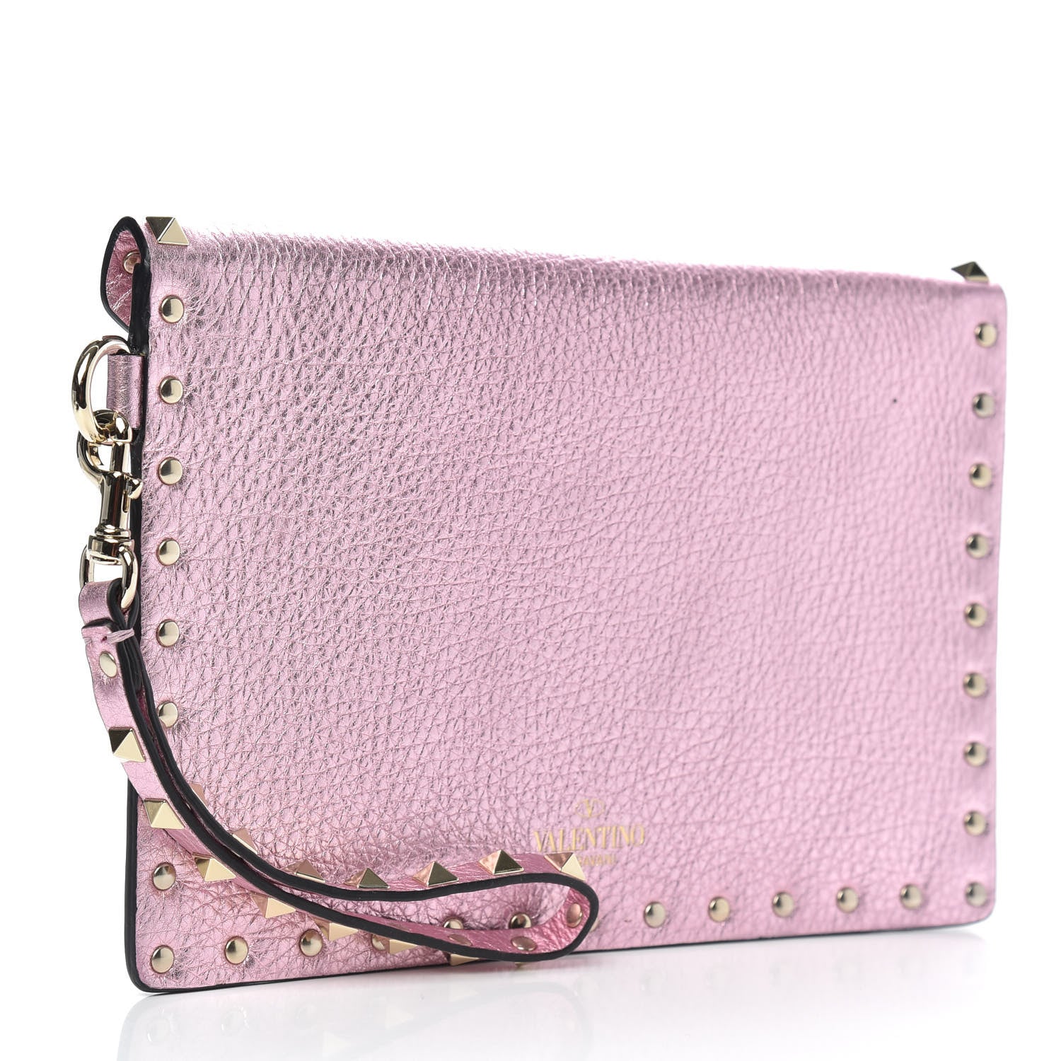 Valentino Garavani Metallic Pebbled Calfskin Medium Rockstud Envelope Flat Wristlet Pouch Giacinto 3 of 9