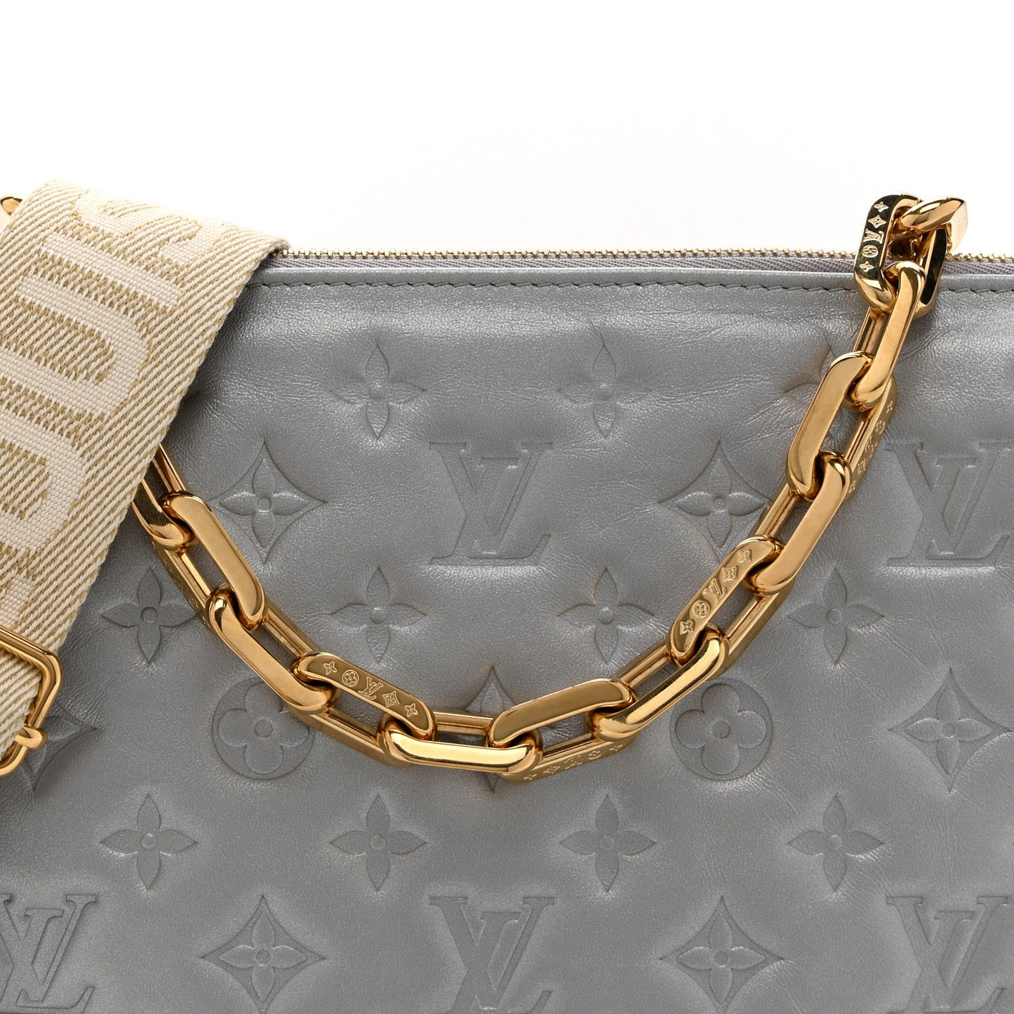 Metallic Lambskin Embossed Monogram Coussin PM Silver