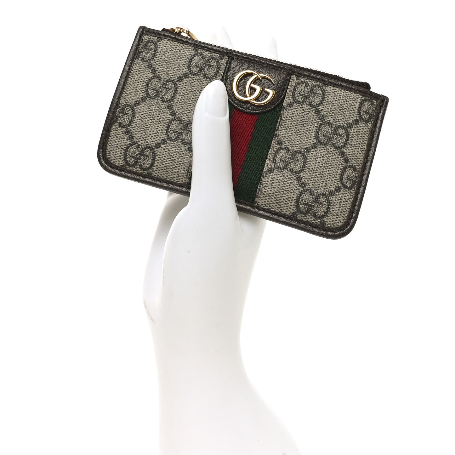 GG Supreme Monogram Web Ophidia Zip Card Case Brown