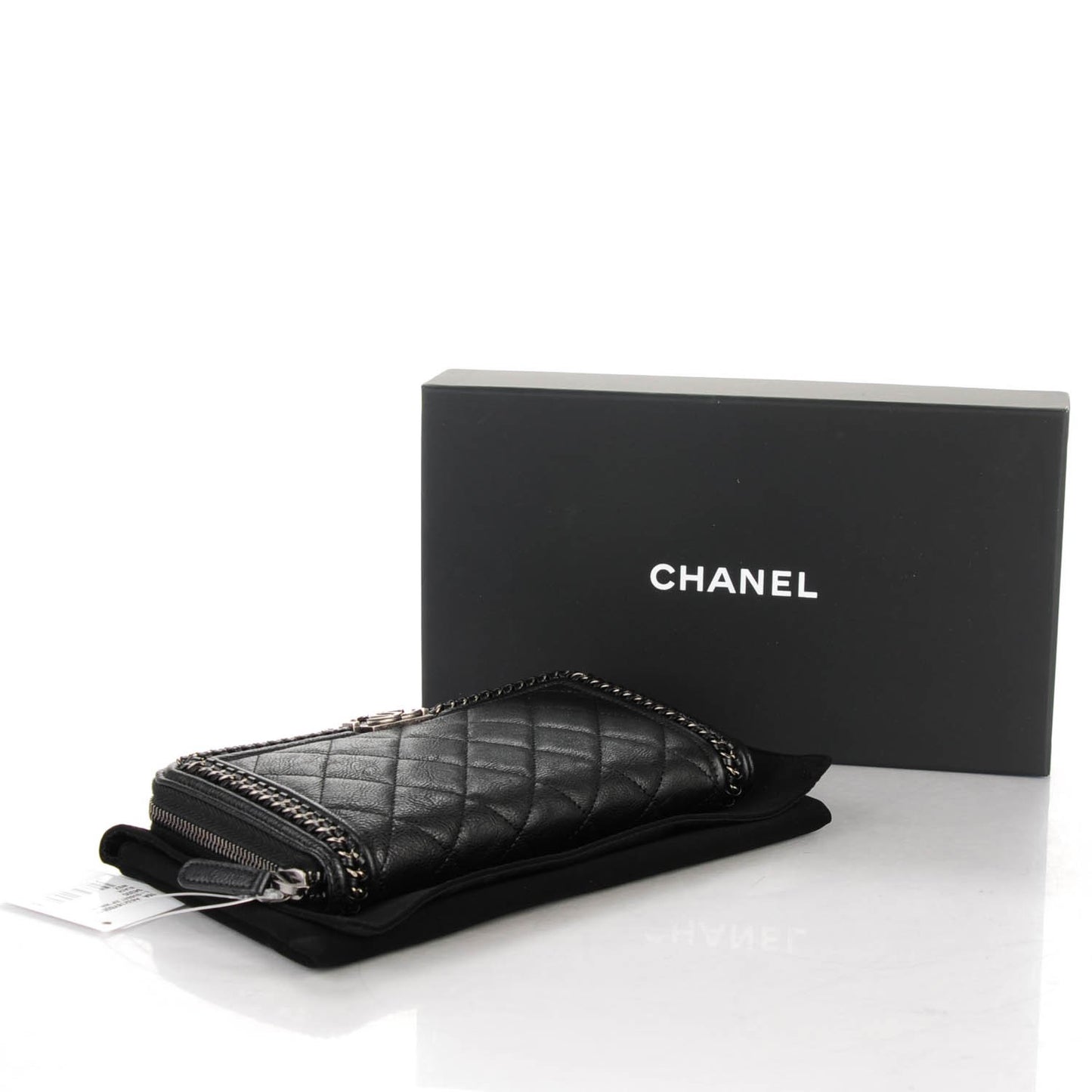 Grained Calfskin Quilted Boy Chain Large Gusset Zip Around Wallet Black