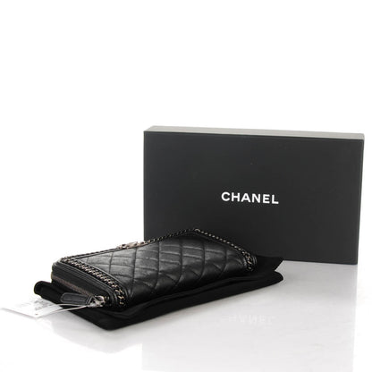 Chanel Grained Calfskin Quilted Boy Chain Large Gusset Zip Around Wallet Black 4 of 8