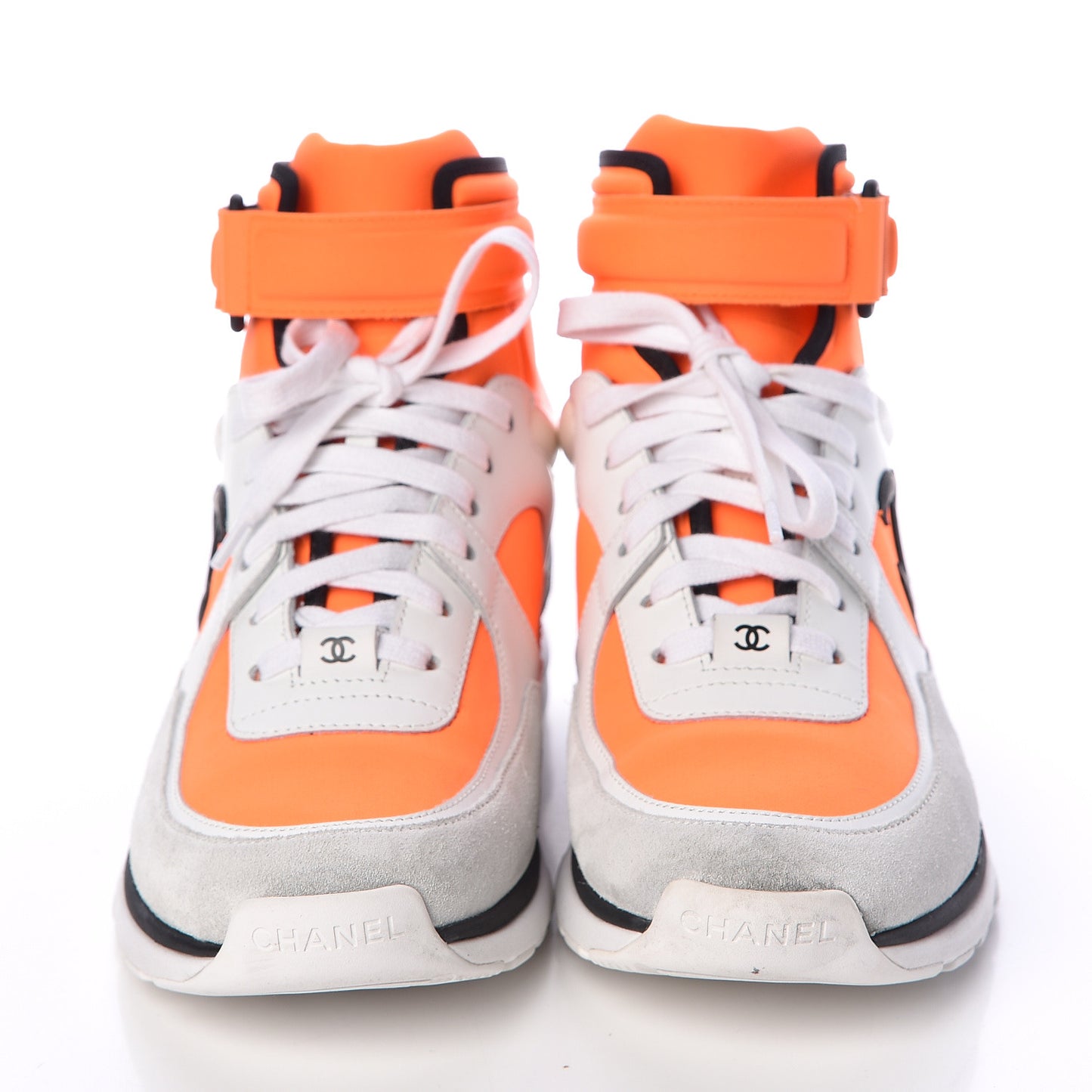 Suede Calfskin Lambskin Neoprene High Top CC Sneakers 37.5 White Fluo Orange