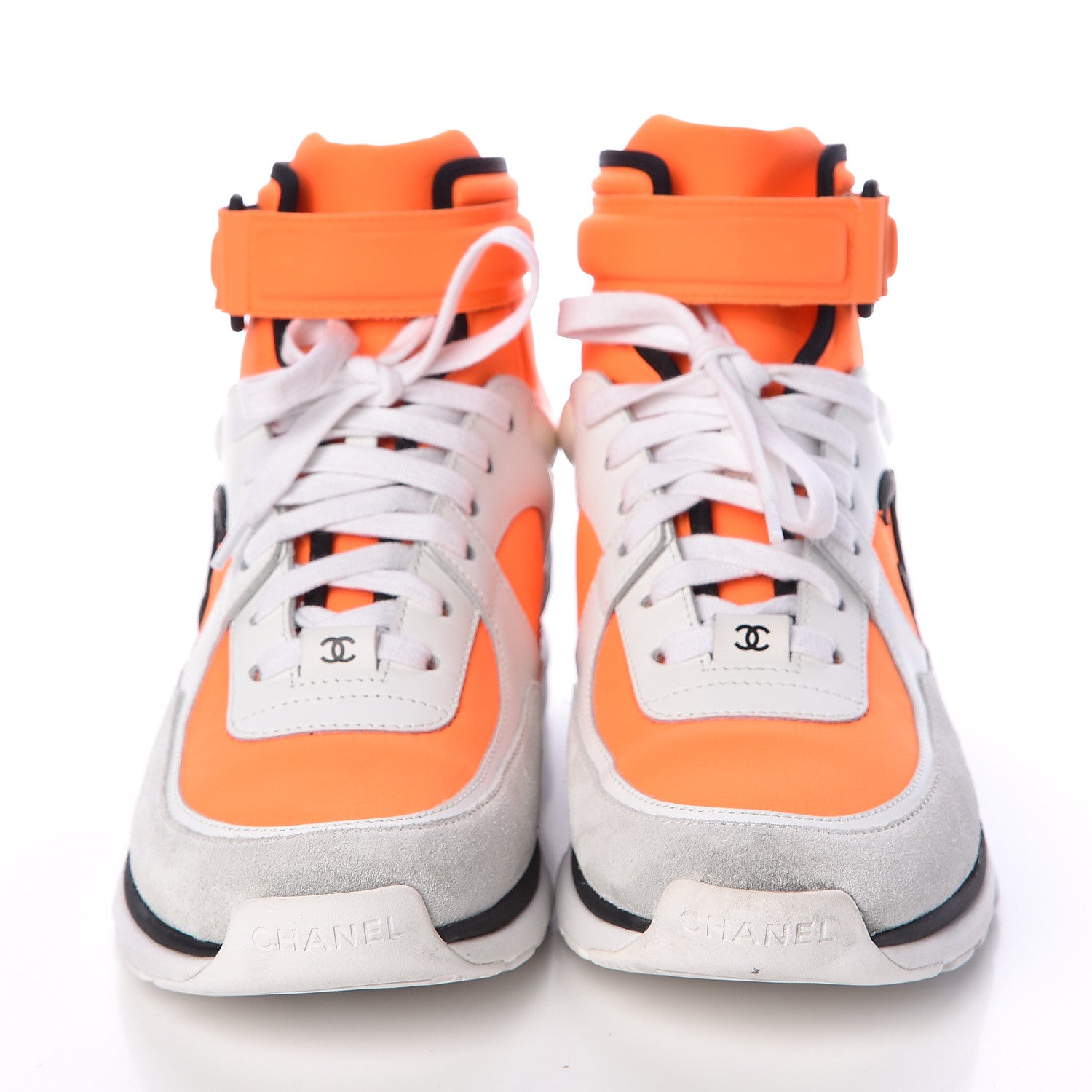 Chanel Suede Calfskin Lambskin Neoprene High Top CC Sneakers 37.5 White Fluo Orange 2 of 15