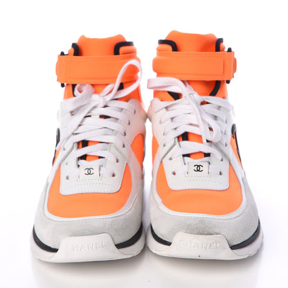 Chanel Suede Calfskin Lambskin Neoprene High Top CC Sneakers 37.5 White Fluo Orange 2 of 15