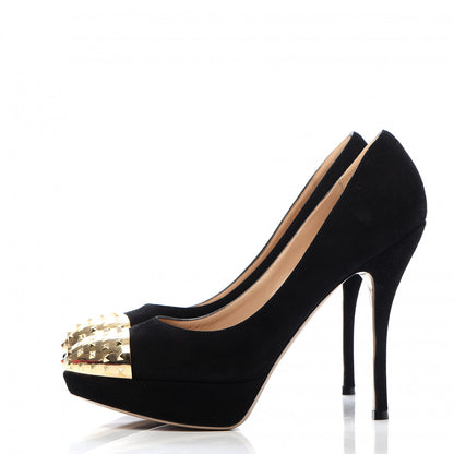 Valentino Garavani Suede Rockstud Cap Toe Platform Pumps 39.5 Black Gold 3 of 8