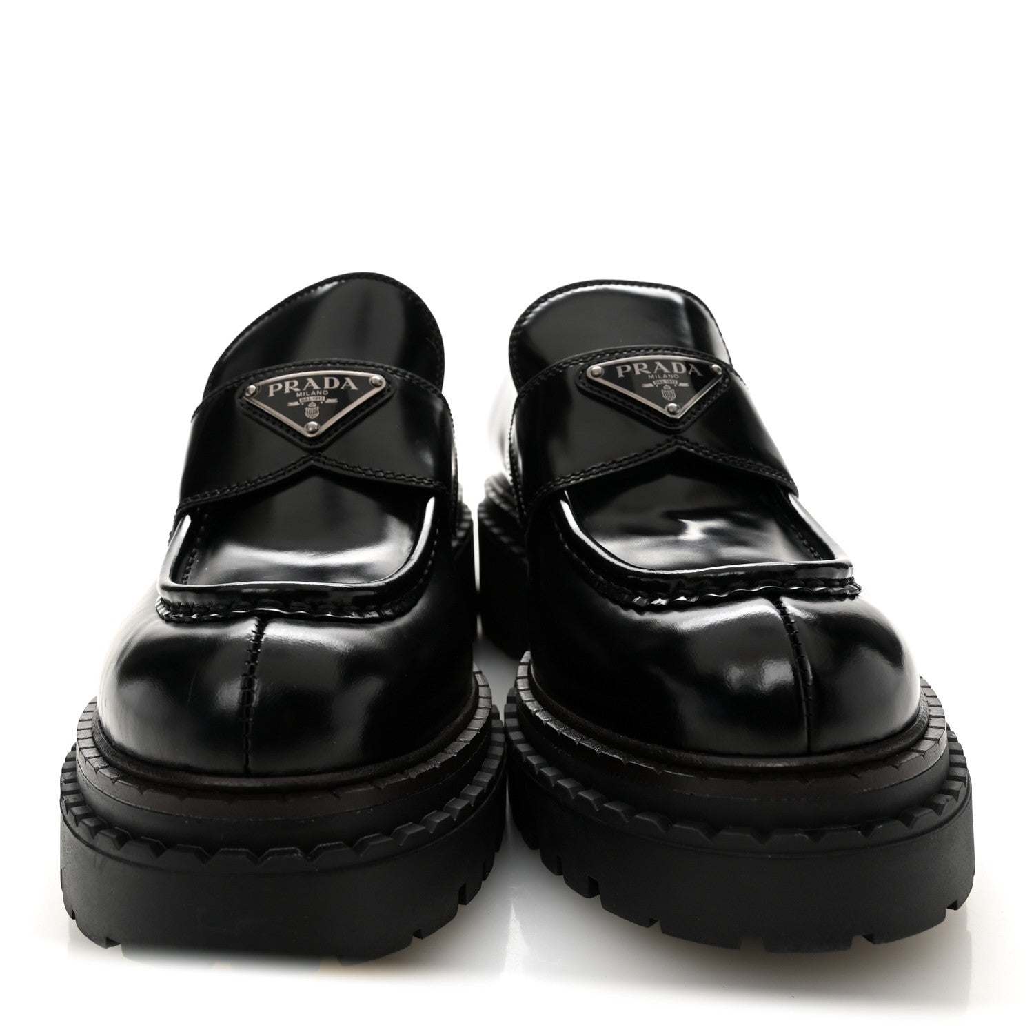 Prada Metal Triangle Logo Double Chocolate Loafers 38.5 Black 2 of 9