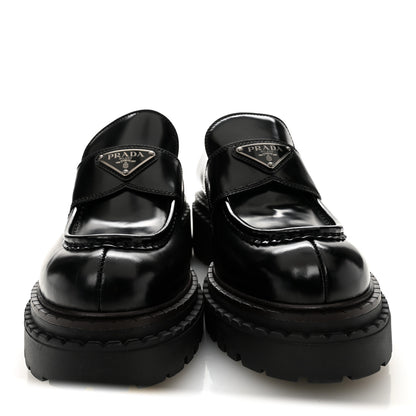 Prada Metal Triangle Logo Double Chocolate Loafers 38.5 Black 2 of 9