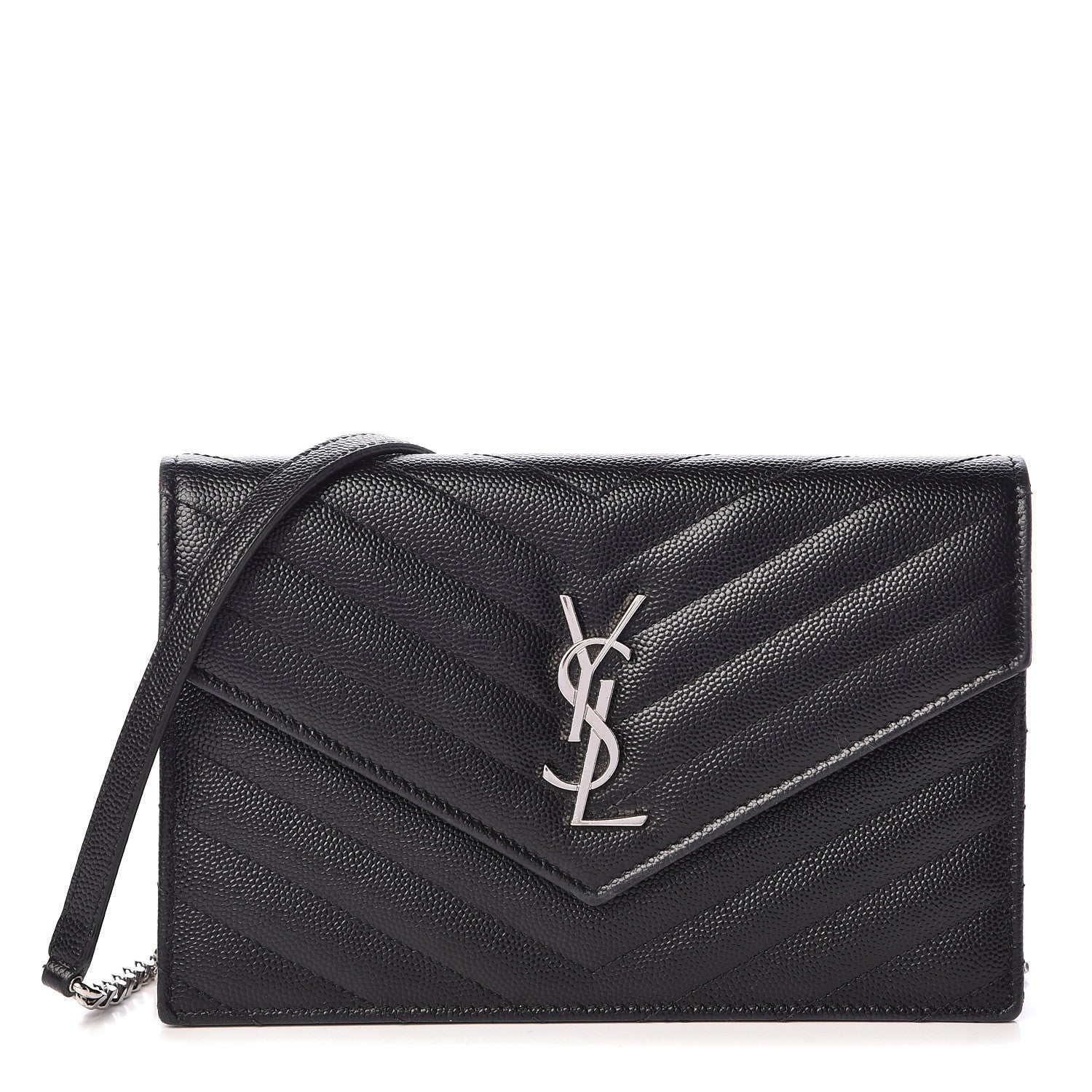 Saint Laurent Grain De Poudre Matelasse Chevron Monogram Envelope Chain Wallet Black 1 of 10