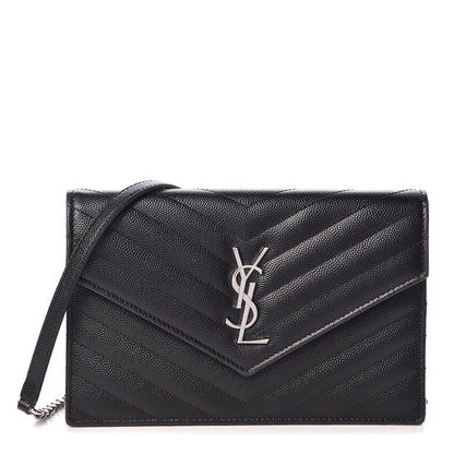 Saint Laurent Grain De Poudre Matelasse Chevron Monogram Envelope Chain Wallet Black 1 of 10