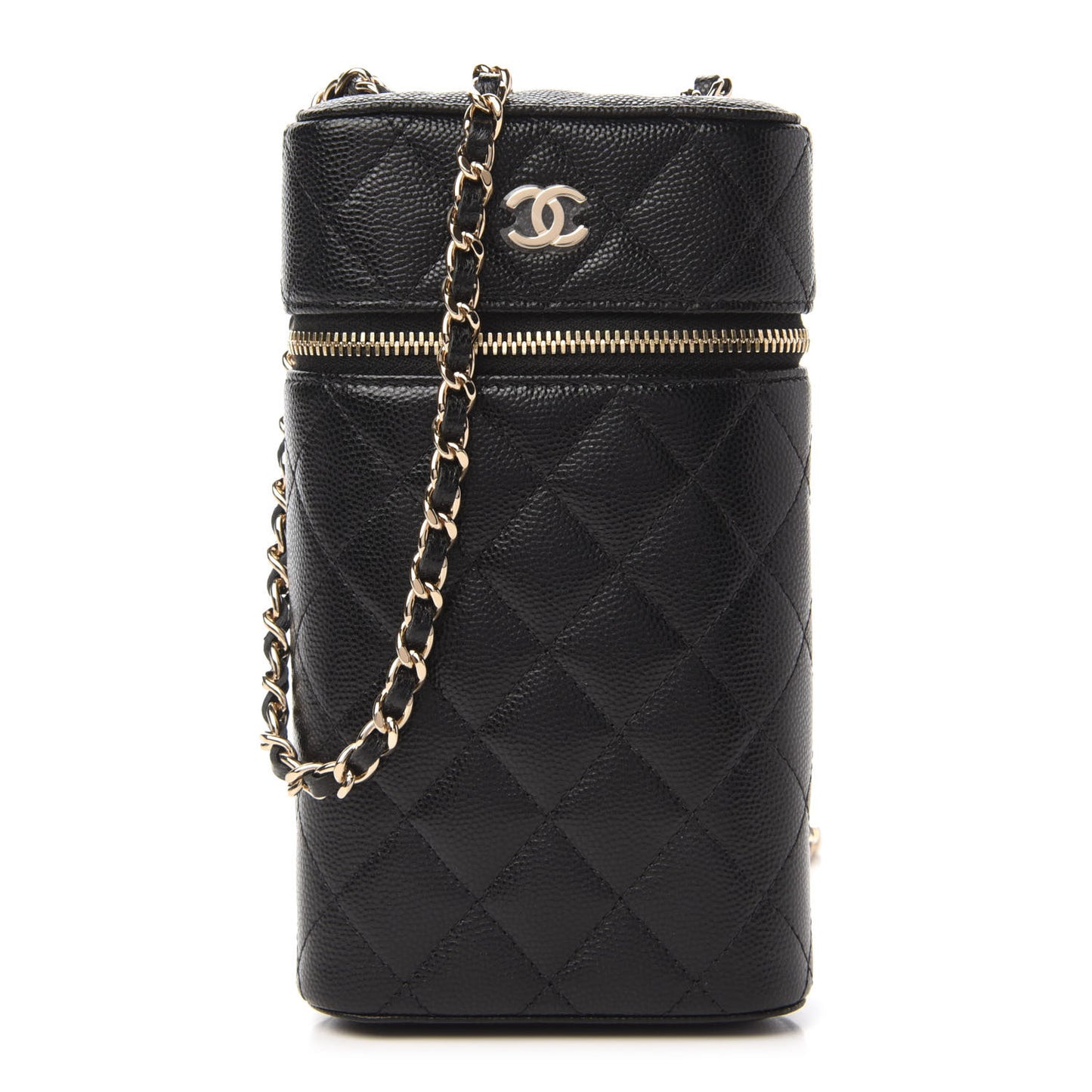 Caviar Quilted Phone Holder With Chain Black