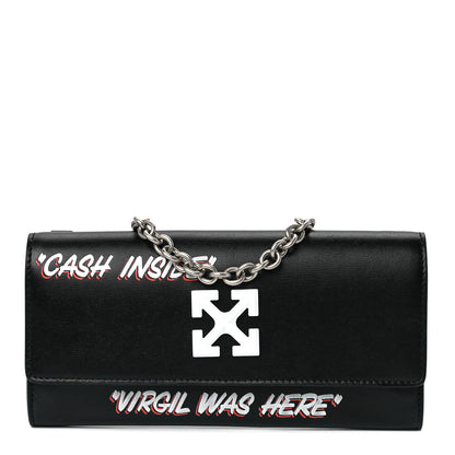 Off-White Calfskin Jitney Logo Flap Wallet On Chain Black 1 of 10