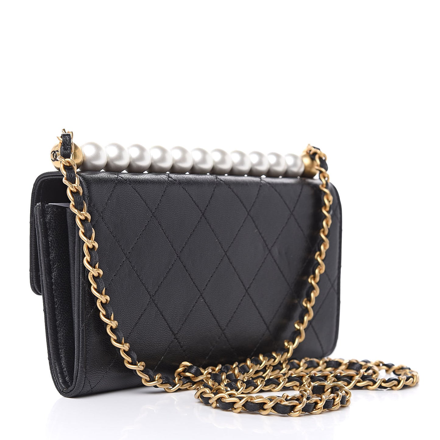 Goatskin Quilted Chic Pearls Clutch With Chain Black