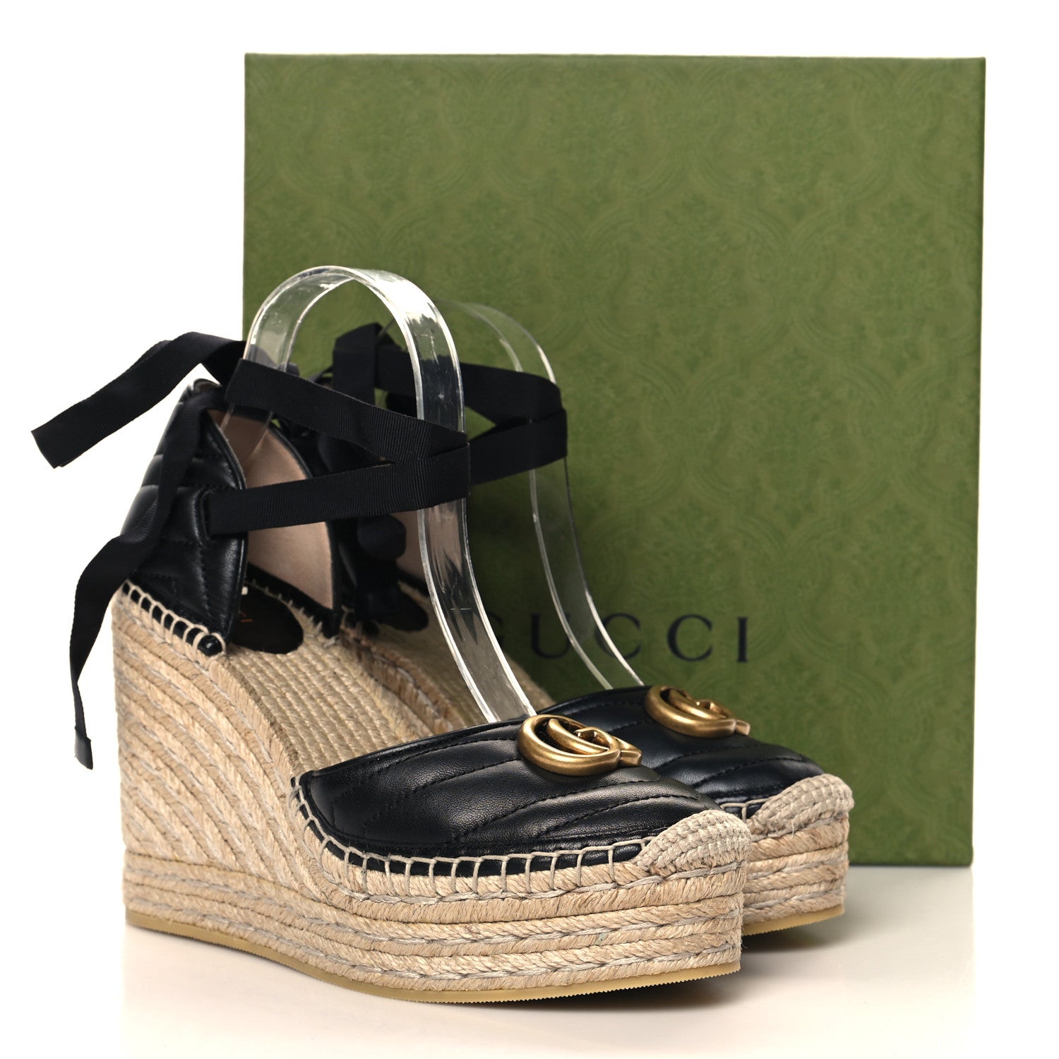 Gucci Nappa Matelasse GG Marmont Ankle Wrap Platform 35/120mm Espadrille Wedges 40.5 Black 10 of 10