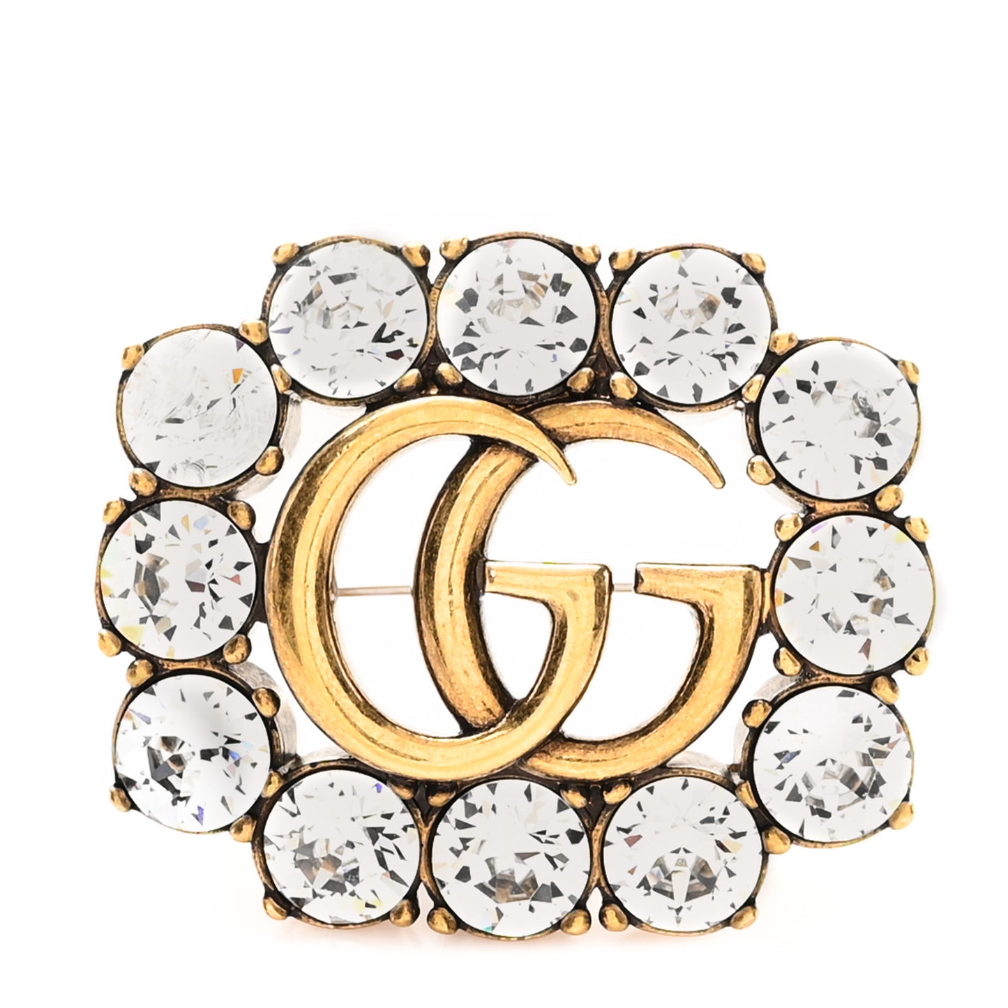 Metal Crystal Double G Brooch Aged Gold