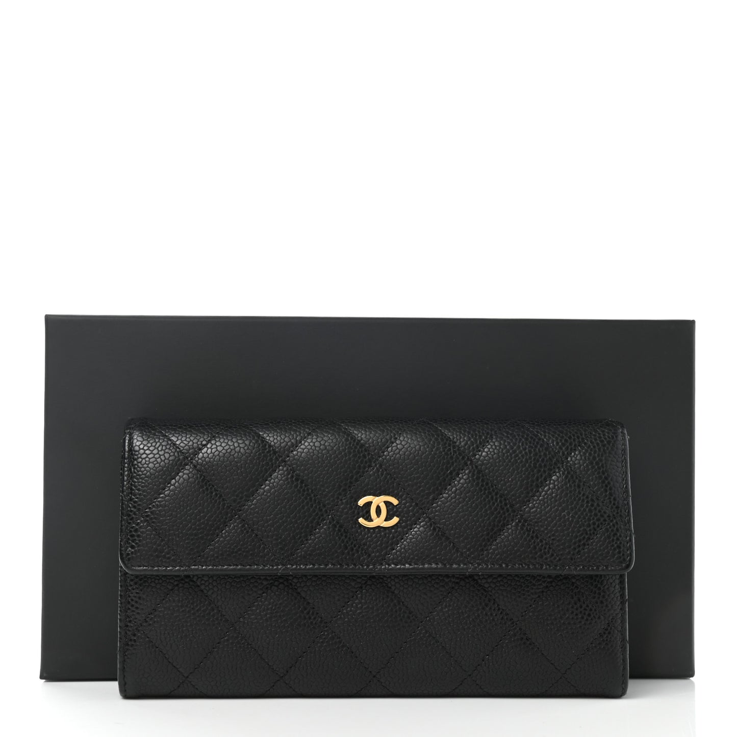 Caviar Quilted Large Gusset Flap Wallet Black