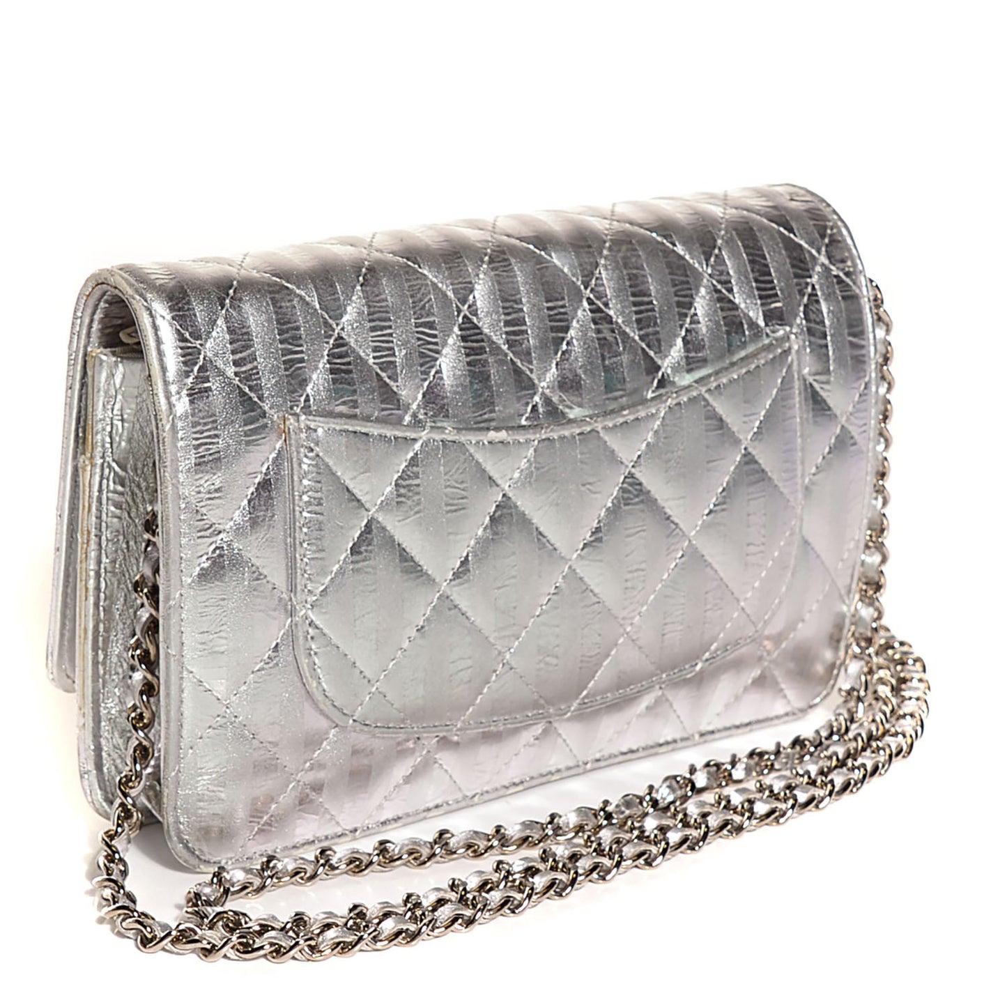 Metallic Aged Calfskin Striped Reissue Wallet On Chain WOC Silver