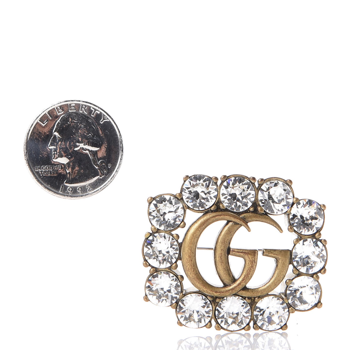 Metal Crystal Double G Brooch Aged Gold