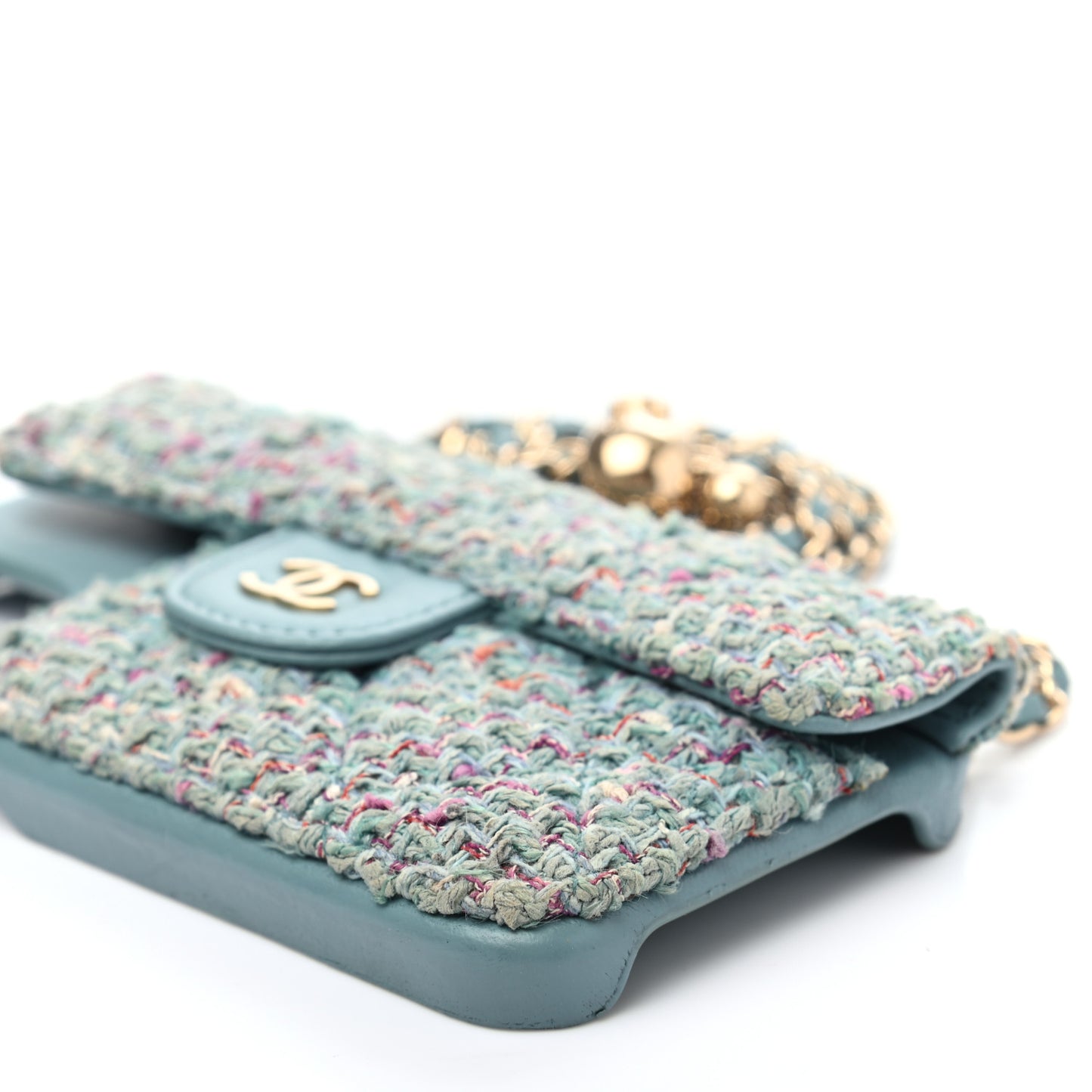 Tweed Quilted iPhone XII Pro Case With Chain Turquoise Purple White Red