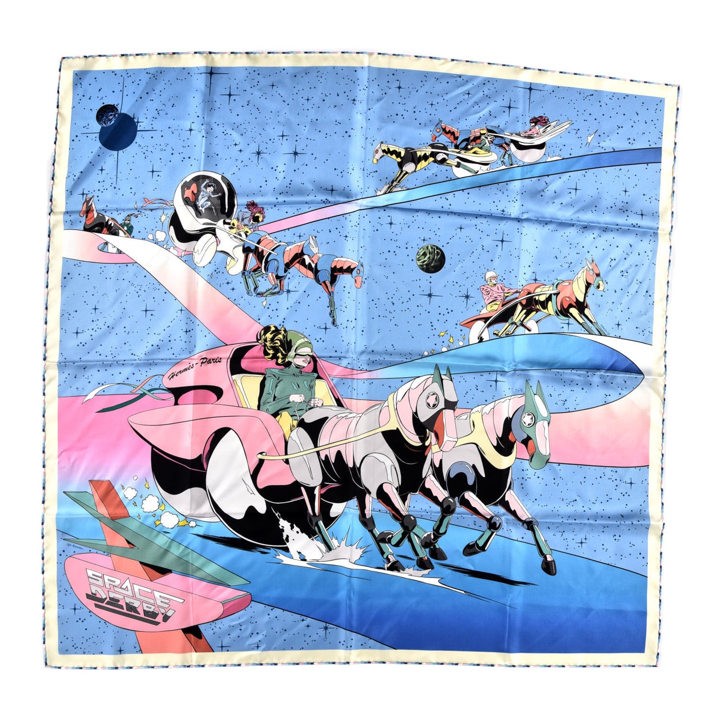 Silk Space Derby Scarf 90 Bleu Ciel Rose Vert Amande