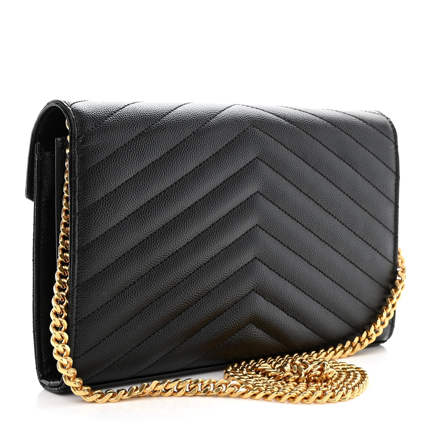 Saint Laurent Grain De Poudre Matelasse Chevron Monogram Chain Wallet Black 3 of 10