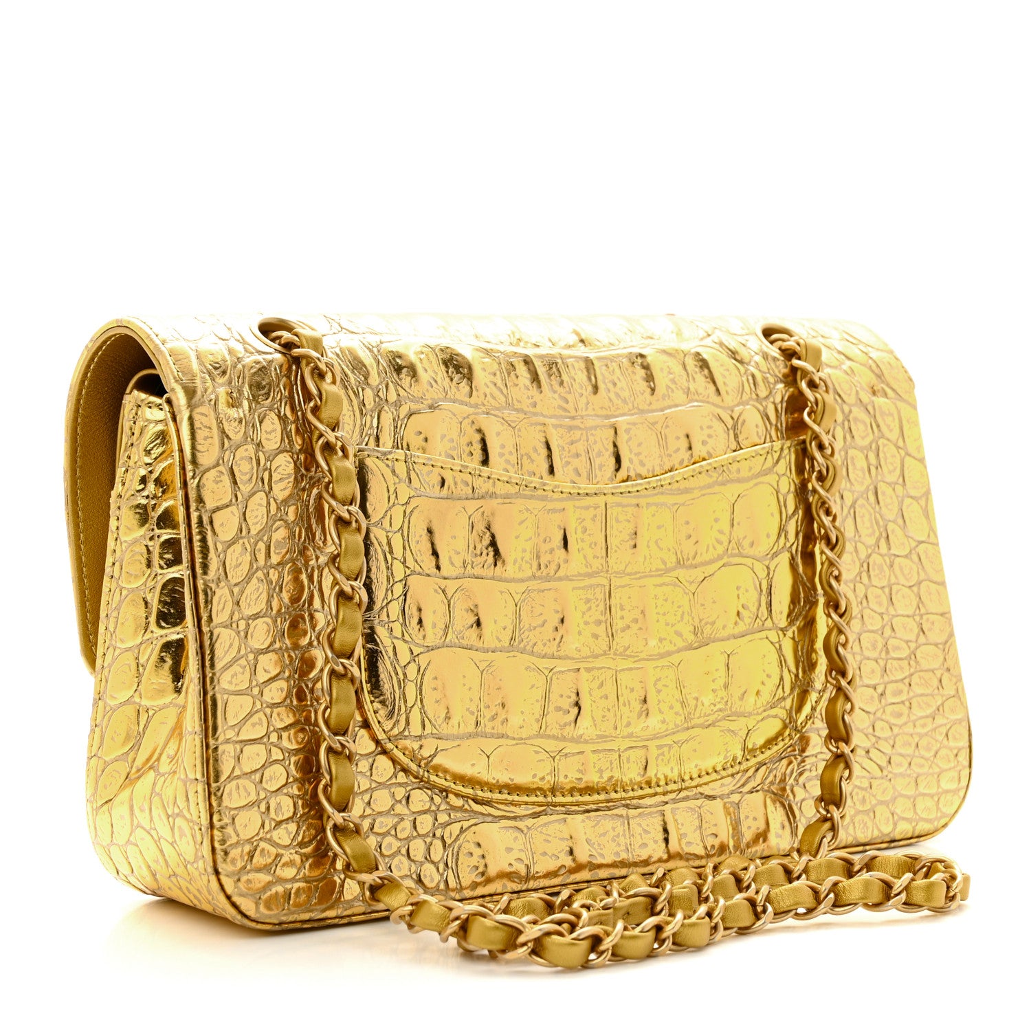 Chanel Metallic Calfskin Crocodile Embossed Cocodile Medium Double Flap Gold 3 of 12