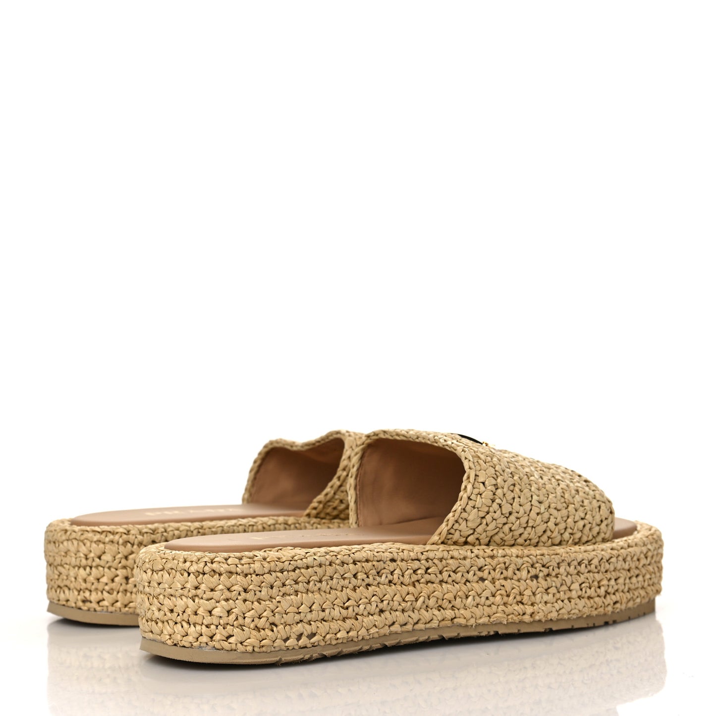 Raffia Metal Triangle Logo Woven Flatform 35mm Slide Sandals 38 Naturale