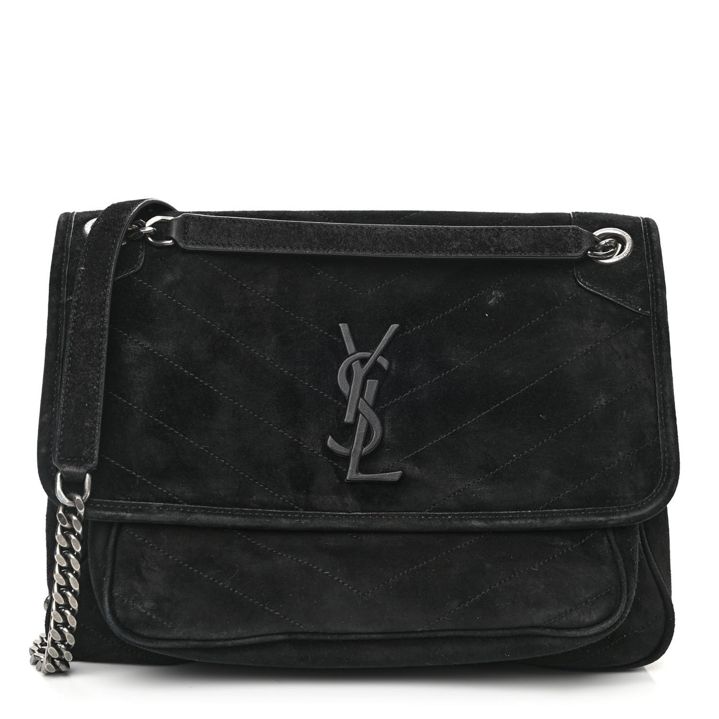 Suede Monogram Medium Niki Chain Satchel Black
